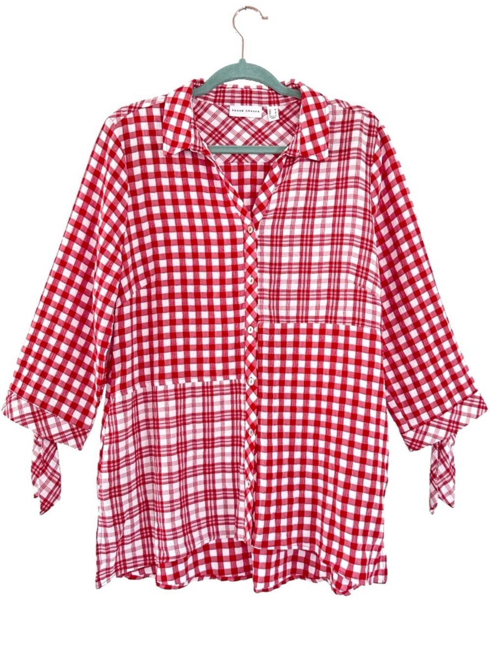 Red Gingham Plaid Patchwork Button Up Tunic Top Picnic Cottage Country Medium
